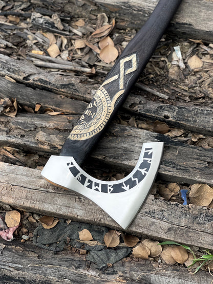 Norse Axe – 20” Hand-Forged High Carbon Steel Blade with Engraved Wooden Handle & Leather Sheath