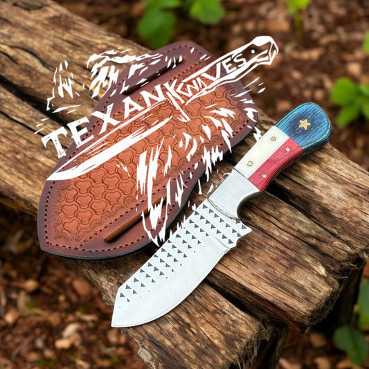 Best Cowboy Knife – 7.5" Rasp Tool Steel Blade with Texas Flag Handle & Pancake Sheath

