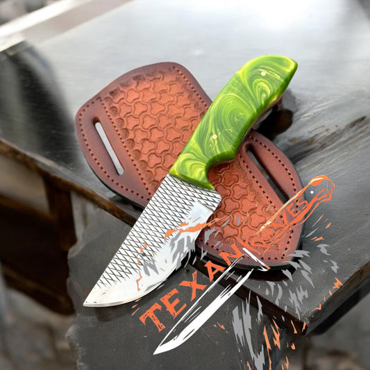 Handmade Cowboy Hunter Knife – 9" Rasp Steel Blade with Epoxy Resin Handle & Leather Sheath

