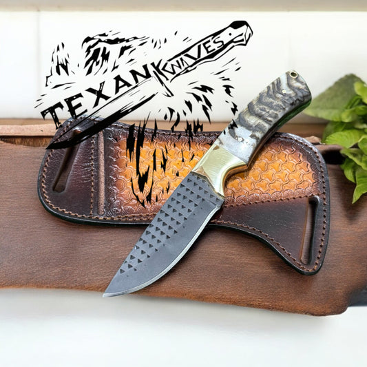 Cowboy Knife with Sheath – 8" Overall, Tool Steel Black Blade with Sheep Horn Handle & Brass Bolster

