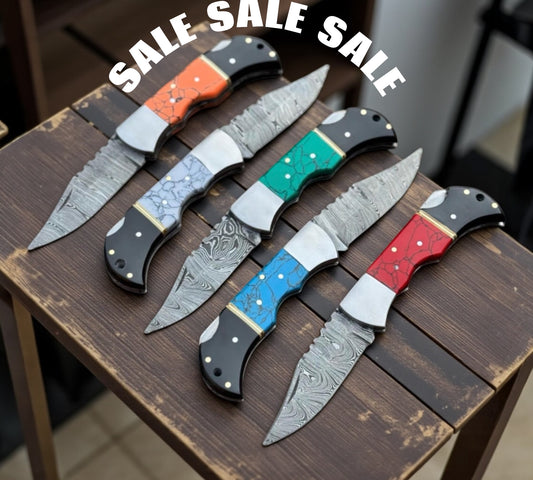 5-Piece Folding Knives Set – 6" Custom Handmade Damascus Steel Blades with Turquoise Epoxy Resin Handles & Leather Sheaths