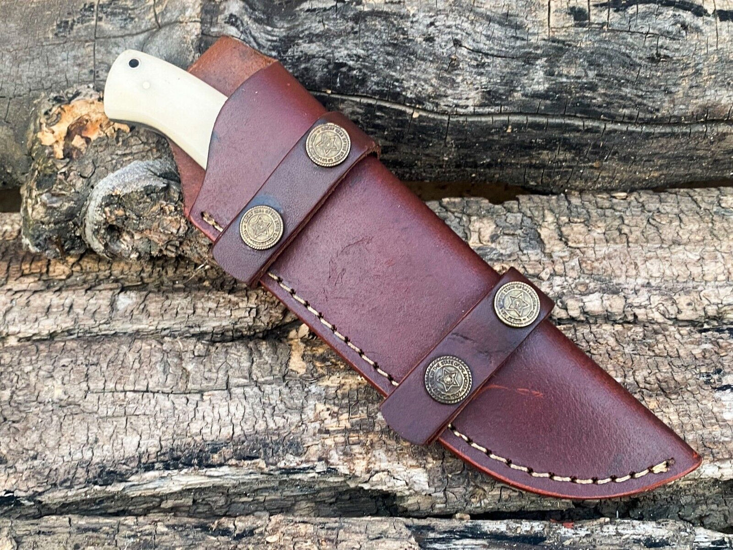 "5-inch Damascus steel blade bushcraft knife with camel bone handle"
