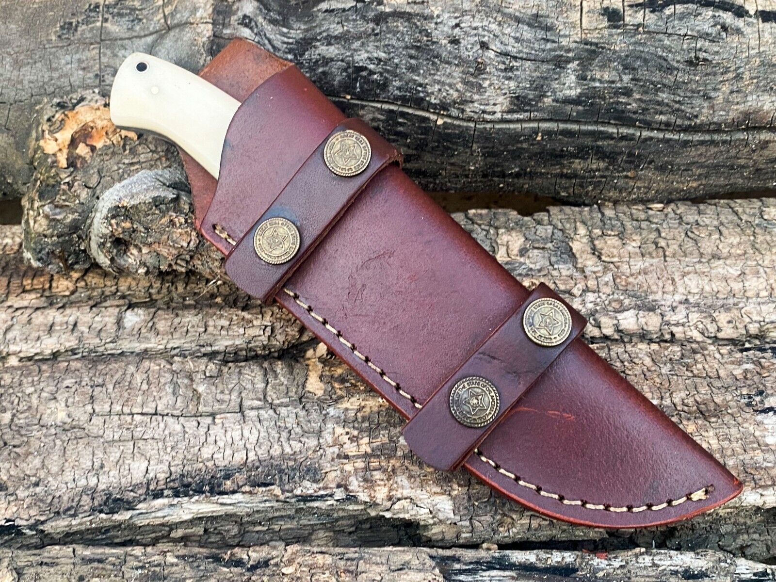 "5-inch Damascus steel blade bushcraft knife with camel bone handle"
