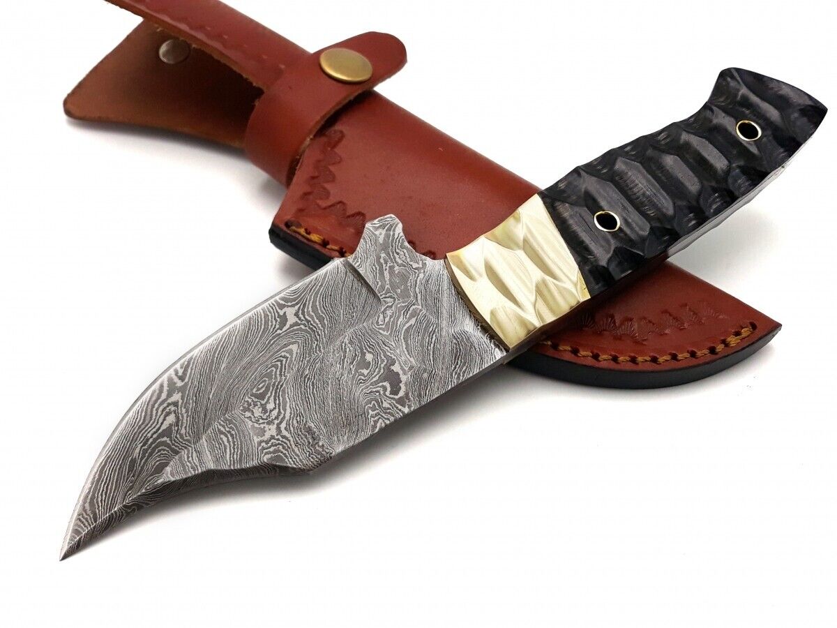5-inch Damascus steel blade skinning knife with brass bolster
