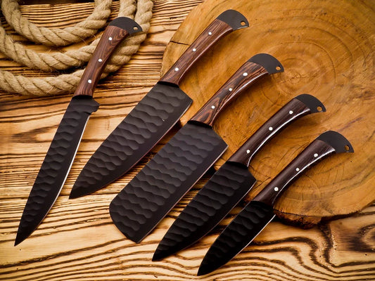 5-piece kitchen knife set with forged stainless steel blades, rosewood handles and handmade leather sheath