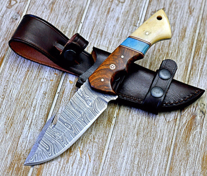 5.5" Damascus blade guthook knife with a stylish rosewood and bone handle