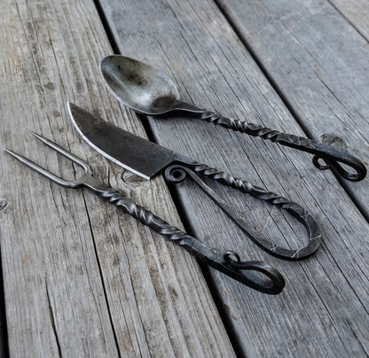 Fireside Feast 3PC Iron Silverware Set - Medieval Inspired Natural Iron Fork, Spoon, and Knife Cutlery Set for Camping & Reenactment