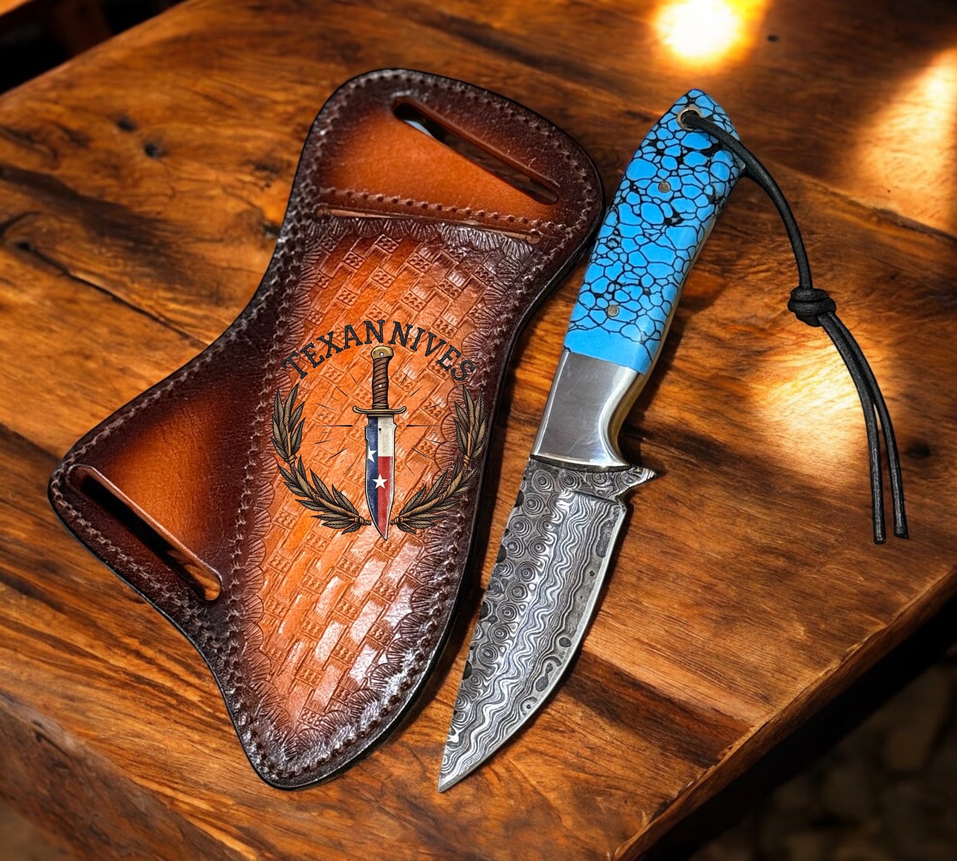 Custom Handmade Concealed Belt Knife – 7.5" Damascus Blade with Turquoise Stone Handle, Steel Guard & Leather Sheath