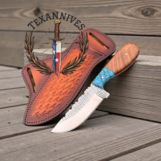 Frontier Cowboy Fixed Blade Knife – 8 Handmade Rasp Steel with Turquoise Pine Cone Handle & Leather Sheath