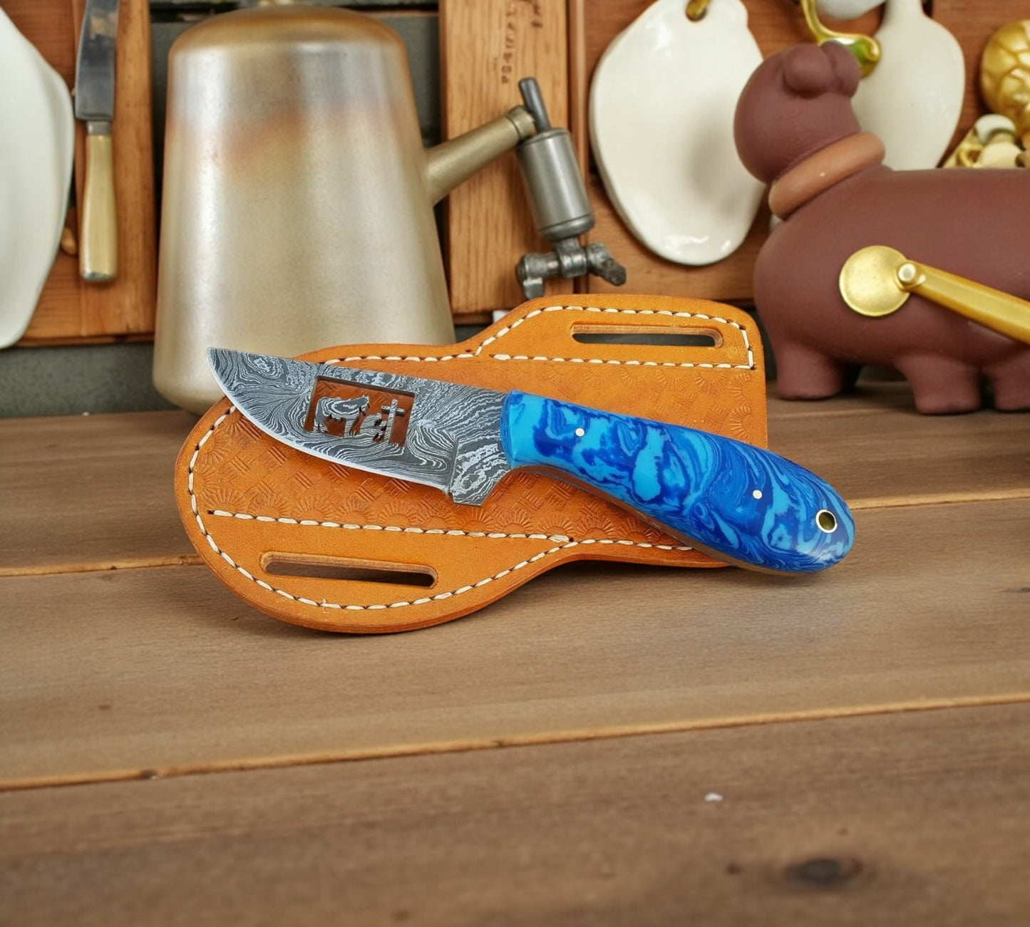 Handmade Damascus Steel Western Knife with Epoxy Resin Handle and Leather Sheath – 8” Overall