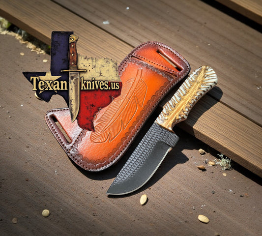 Cowboy Sheath Knife – 4" Black Powder Coated Rasp Steel Blade with White Epoxy Pine Cone Resin Handle