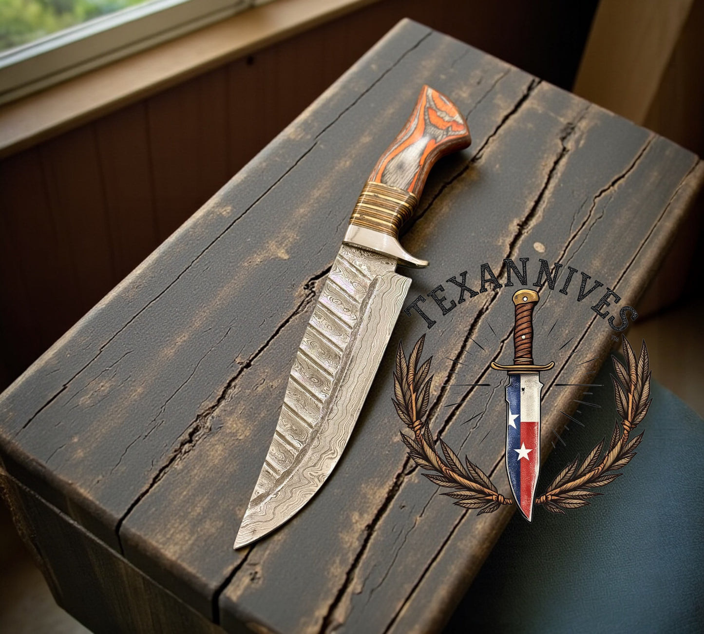 Damascus Combat Bowie Knife – 13" Full Tang with Pakkawood Handle, Steel Guard & Leather Sheath