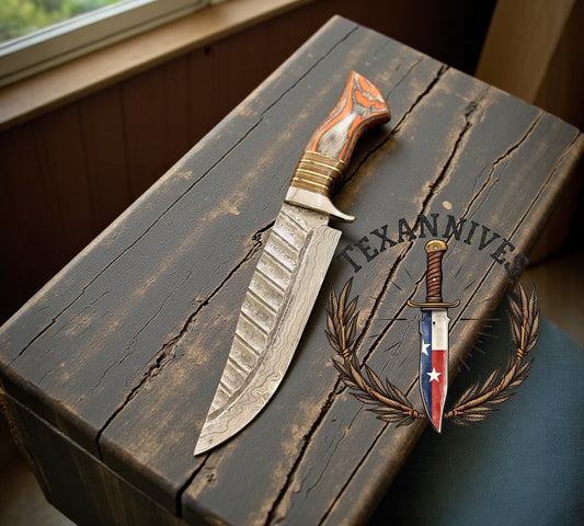 Damascus Combat Bowie Knife – 13" Full Tang with Pakkawood Handle, Steel Guard & Leather Sheath