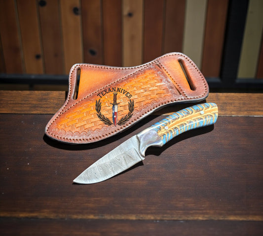 Ranch Cowboy Damascus Knife – 7.5" Handmade Pine Cone Handle with Leather Sheath
