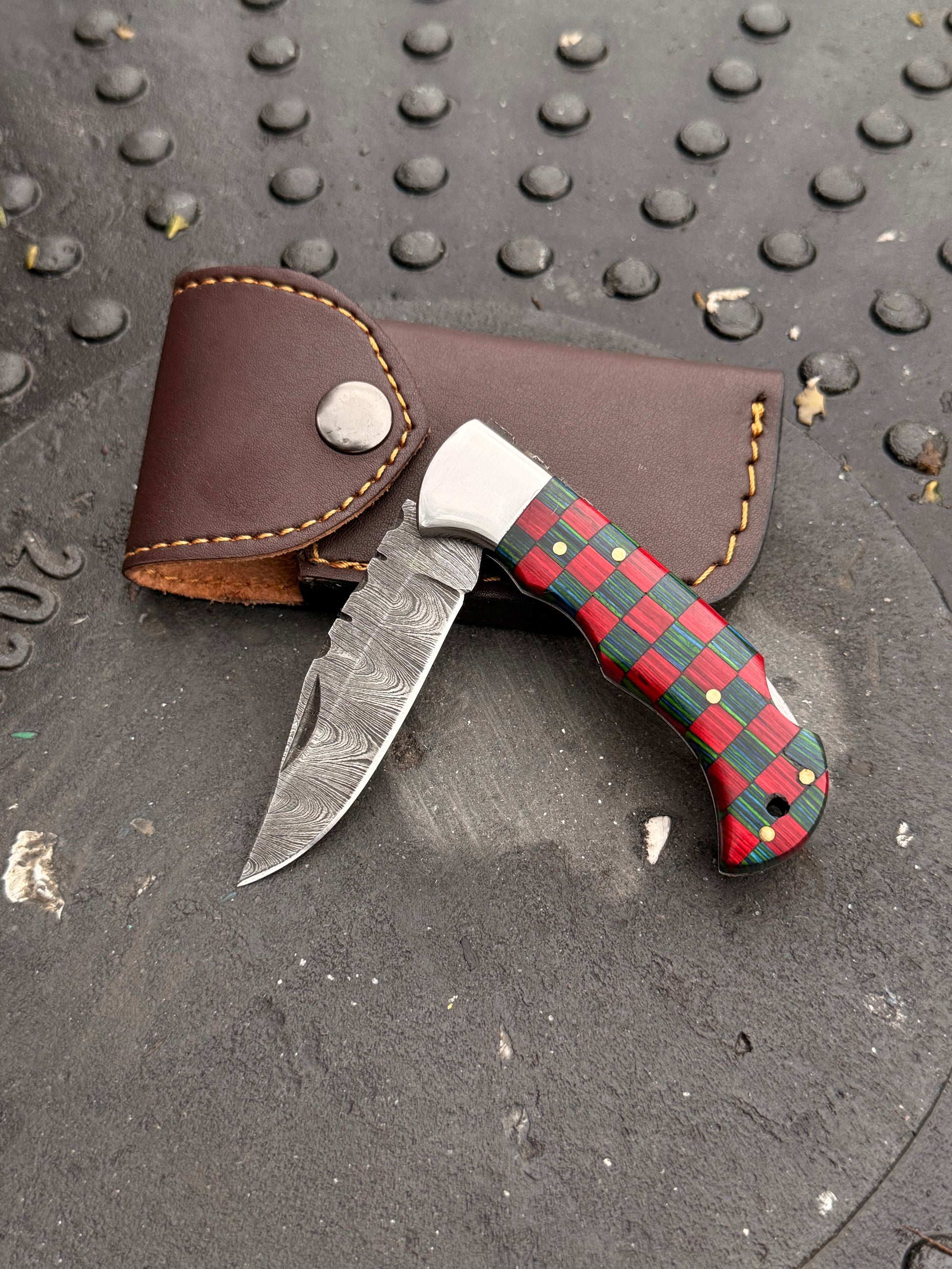 6-inch EDC folding knife with Pakkawood handle and handcrafted leather sheath