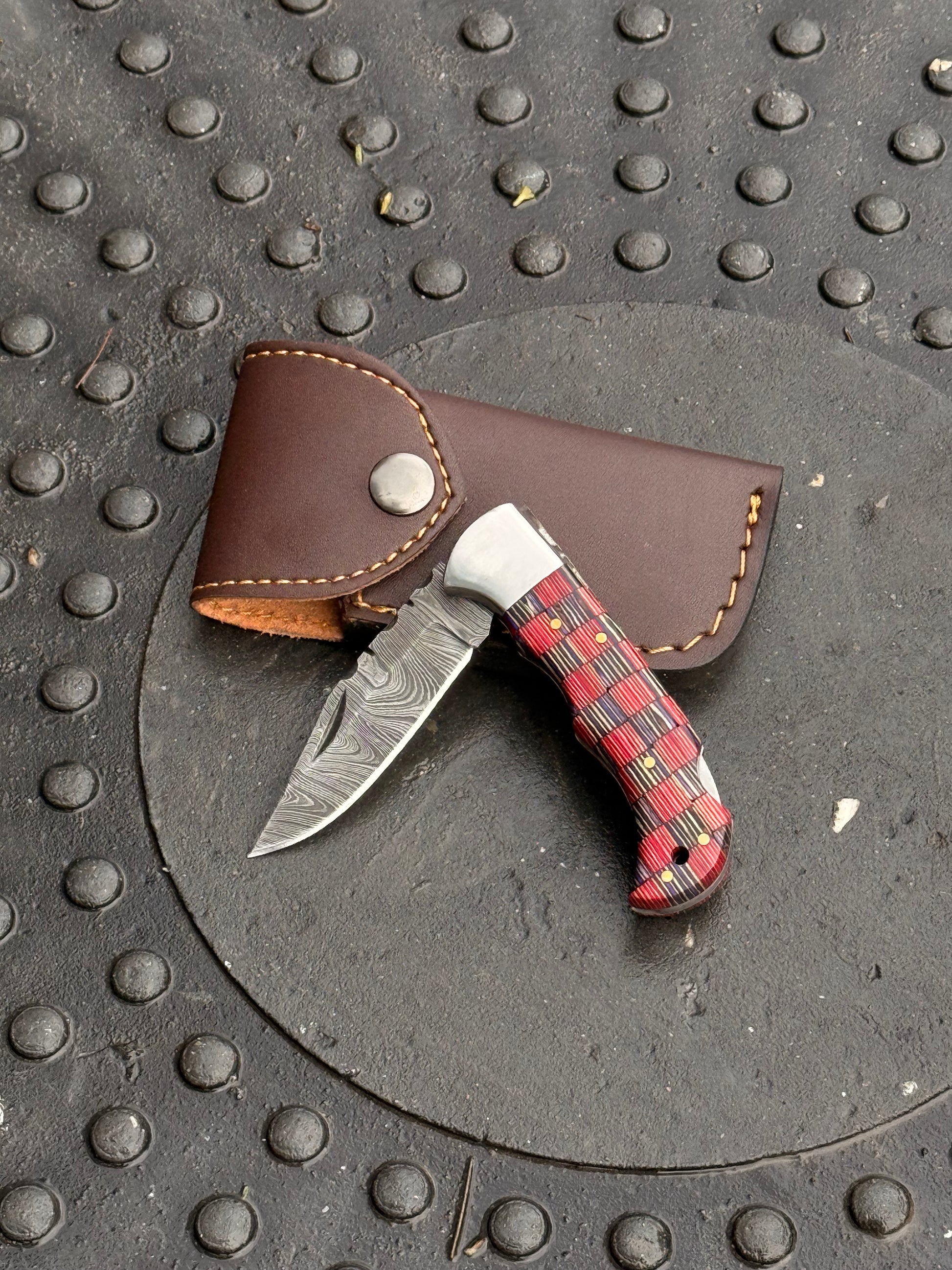 6-inch handmade folding pocket knife with colorful handle and leather sheath
