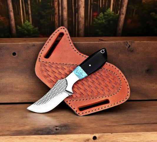Handmade Rasp Tool Steel Knife in a Belt – Epoxy Resin Stone Handle with Steel Bolster & Leather Sheath (8” Overall)