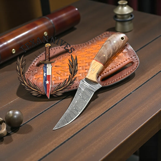 Men’s Damascus Steel Knife 7" – Rosewood & Olive Wood Handle with Leather Sheath