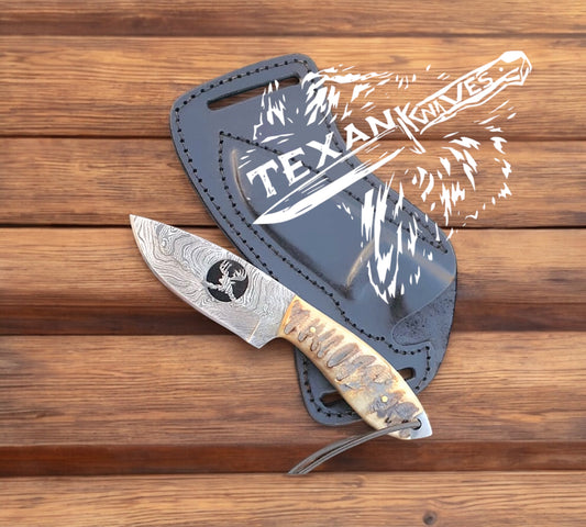 Western Knife Sheath – Handmade 8" Damascus Wire-Cut Steel Blade with Sheep Horn Handle