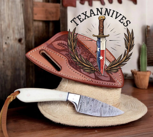 6" Handmade Damascus Steel Belt Knife – Bone or Buffalo Horn Handle with Leather Sheath