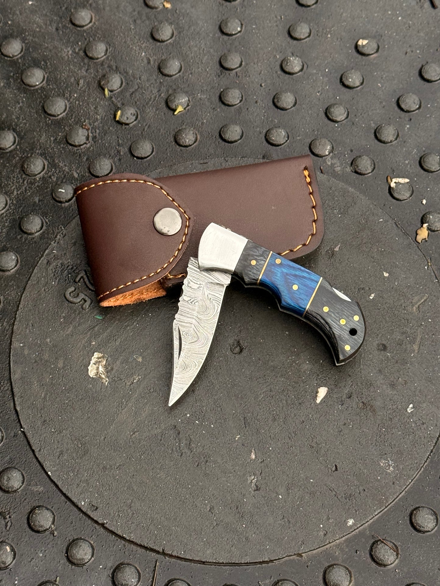 6 inch Folding Knife with Leather Sheath and handmade colored handle