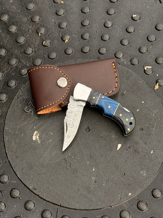 6 inch Folding Knife with Leather Sheath and handmade colored handle
