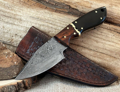 FIXED BLADE DAMASCUS KNIFE 8" ROSEWOOD AND BUFFALO HORN HANDLE HUNTING KNIVES