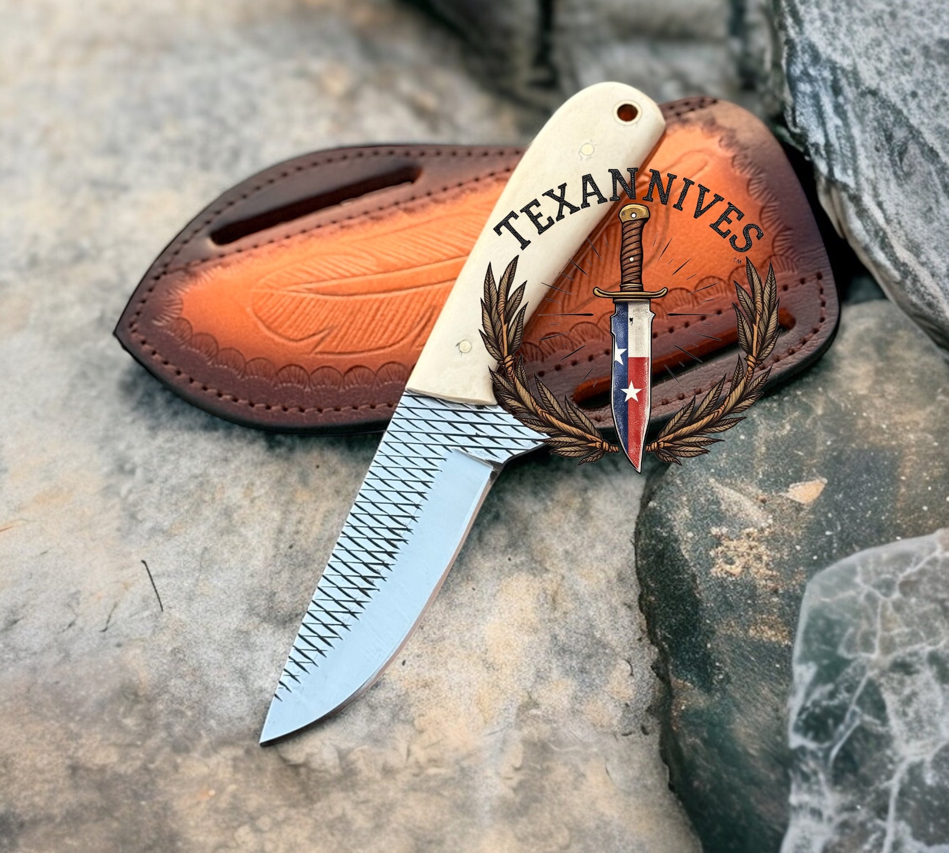 Cowboy Bush Knife – 3.6" Rasp Steel Blade with Deer Bone Handle & Leather Sheath