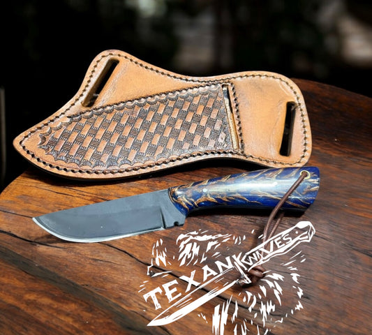 Ranch Knives – Custom Handmade J2 Steel Knife with Epoxy Pine Cone Resin Handle & Leather Sheath