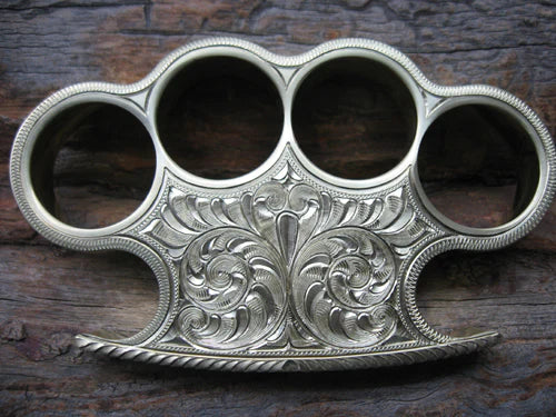 Custom Handmade Brass Engraved Knuckles with Belt Loop Leather Case