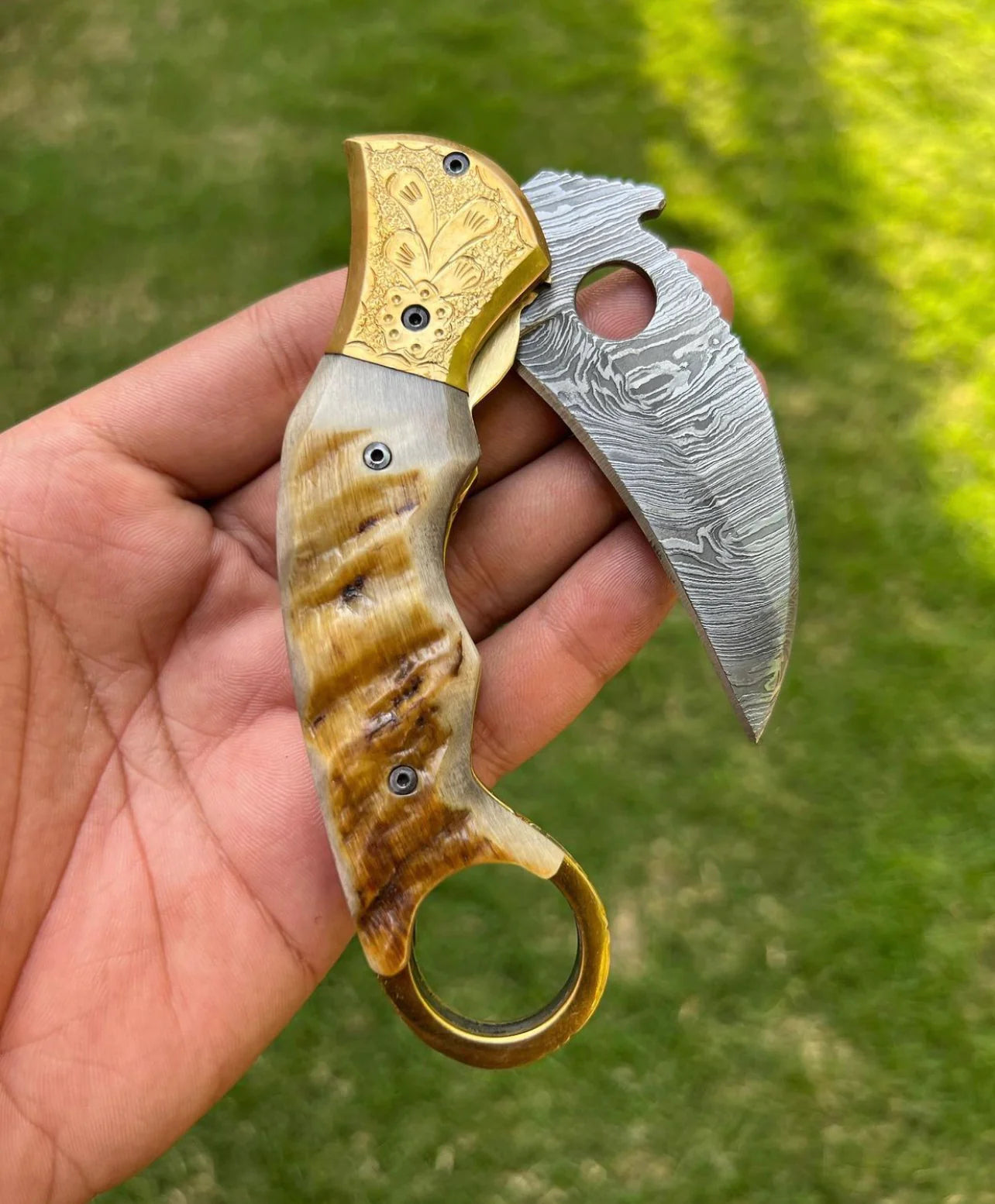 Custom Handmade Damascus Folding Pocket Knife With Karambit Design