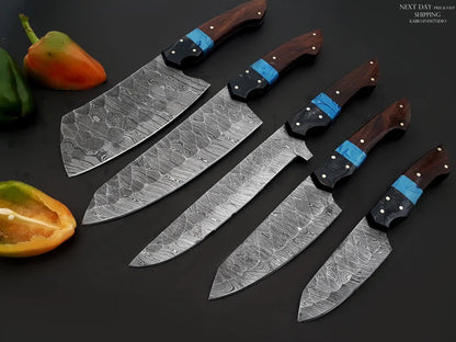 Hand Forged Damascus Steel 5-Piece Chef Knife Set