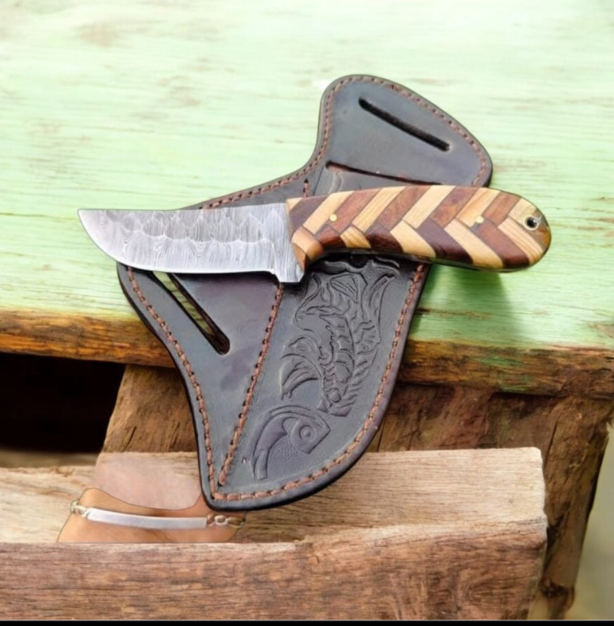 Scott Reed Knives – 8" Damascus Steel Knife with Olive & Rosewood Handle & Western Sheath

