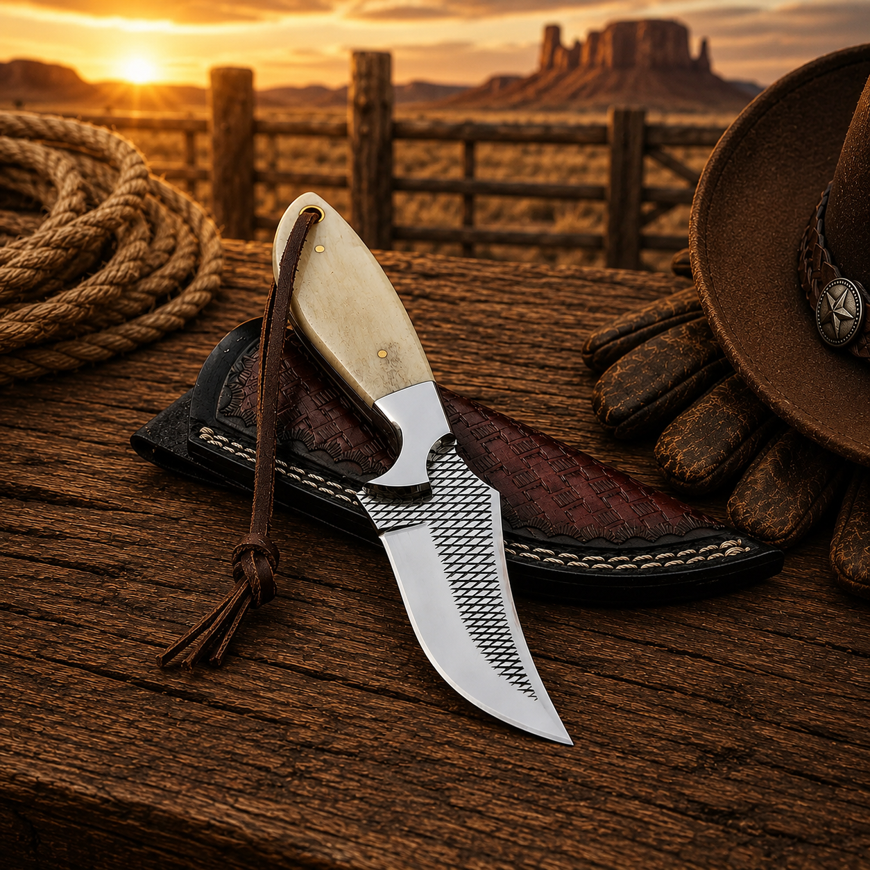 8-inch handmade knife with camel bone handle and genuine leather belt sheath
