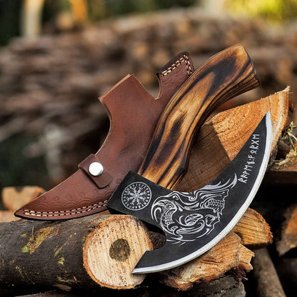 8-inch pizza axe made of J2 steel with custom engravings and wooden handle