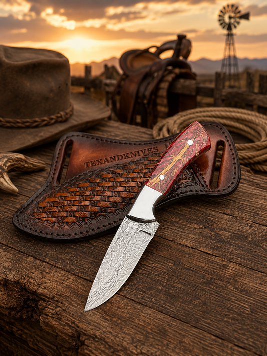 8.5-inch pine cone handle fixed blade knife with steel bolster and leather sheath