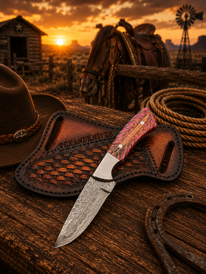 Handmade Damascus Cowboy Knife with Pine Cone Handle