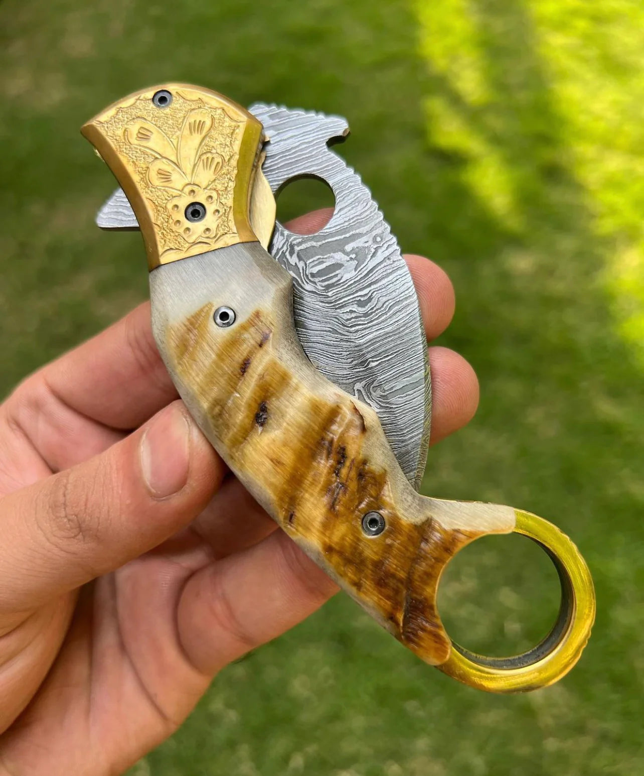 Custom Handmade Damascus Folding Pocket Knife With Karambit Design