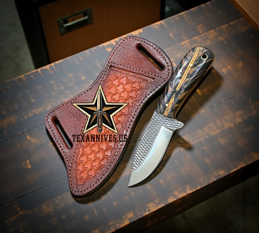 Traditional Ranch Cowboy Working Knife – 3.5" Rasp Steel Blade, Black Resin Handle & Leather Sheath