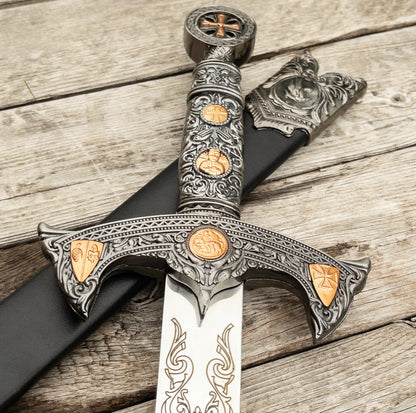 Knights Templar Crusader Decorative Sword - Medieval Inspired Stainless Steel Collectible Replica Display Sword with Scabbard