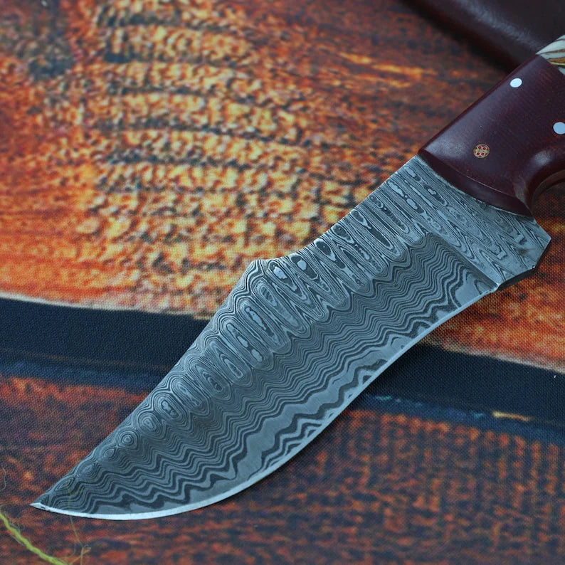 Damascus Hunting Knife | Full Tang Hiking Fishing Camping S Curve Blade w/ Contoured Unique Handle