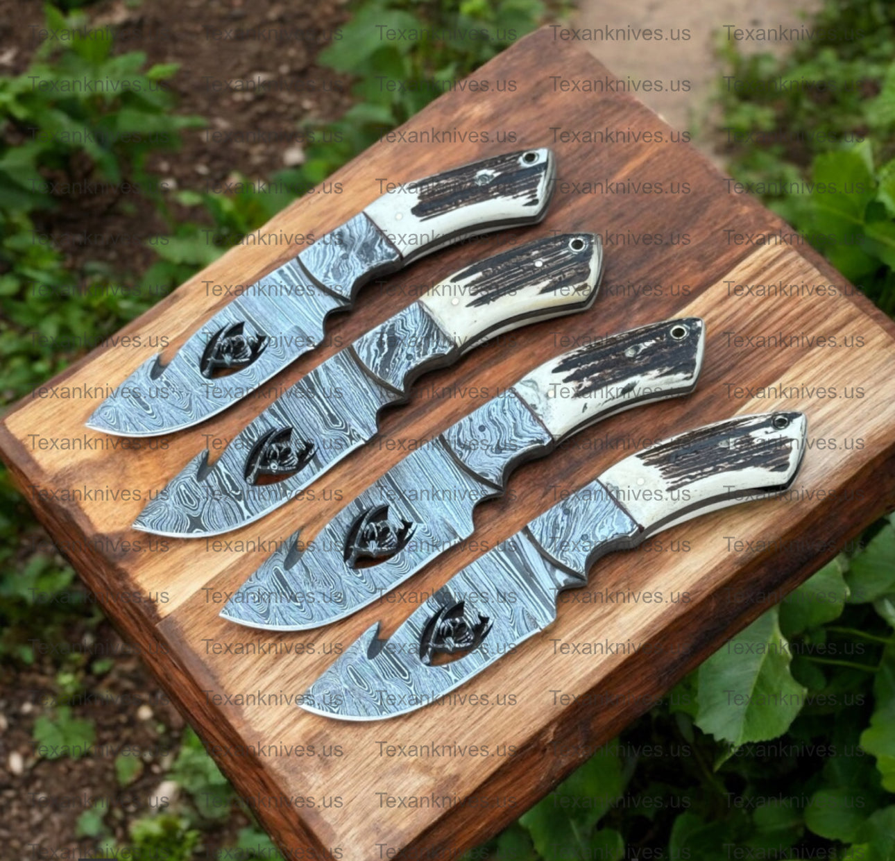 9-inch Damascus steel Guthook Hunter knife with leather belt loop case
