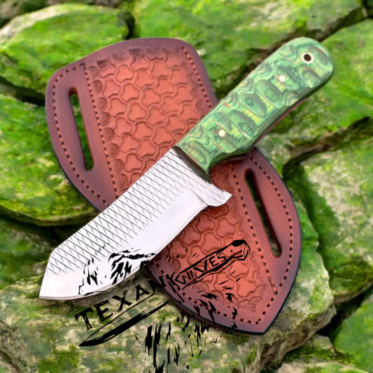 Handmade Cowboy Knife – 9" Rasp Steel Blade with Pakka Wood Handle & Leather Sheath

