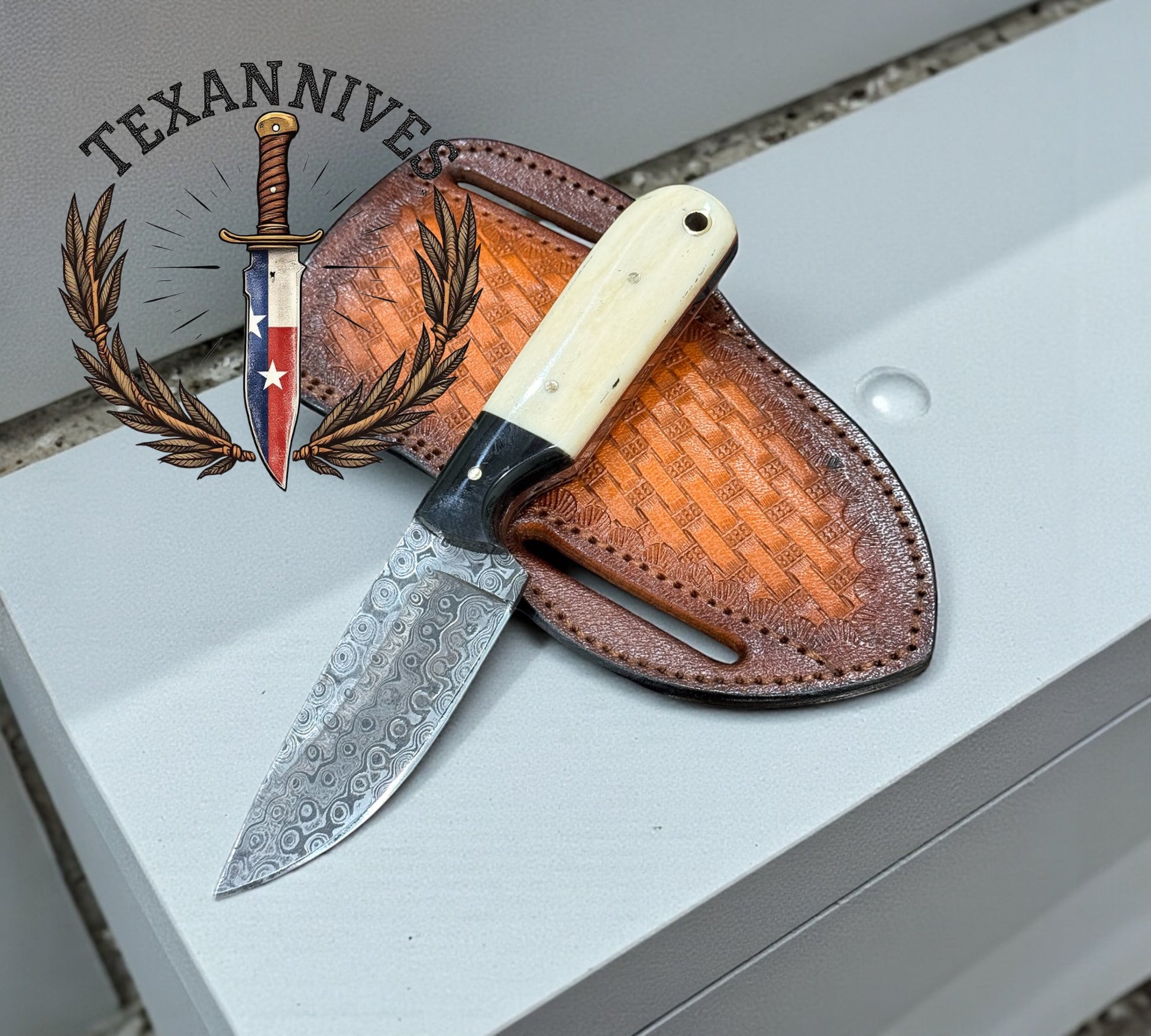 Fixed Blade Belt Knife – 3.5" Raindrop Damascus with Bone & Buffalo Horn Handle