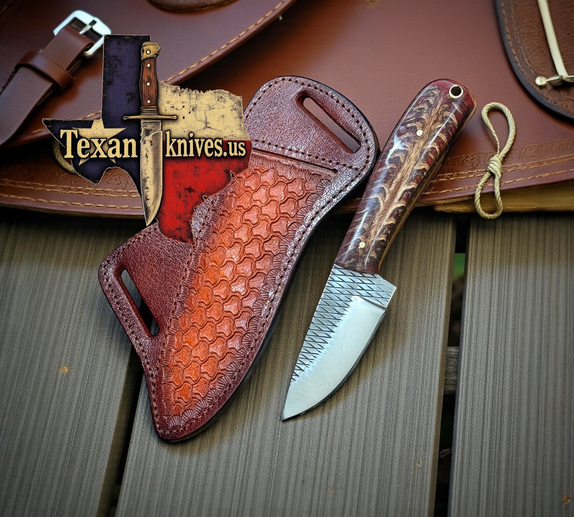 Handcrafted Western Knife for Men’s Gift – 3.25" Rasp Steel Blade, Pine Cone Resin Handle & Leather Sheath