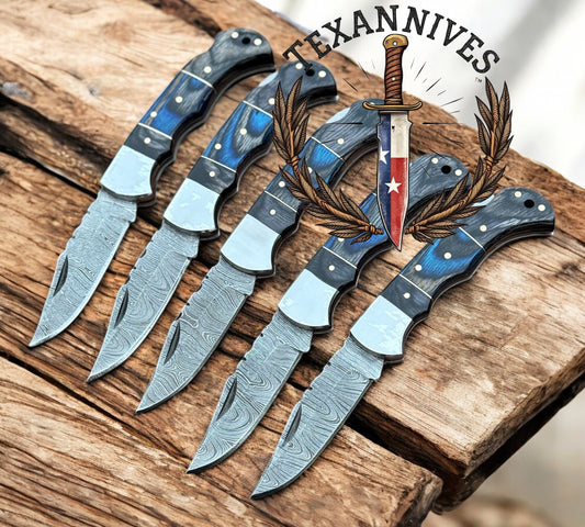 Damascus Folding Pocket Knife – Custom Handmade with Exotic Wood Handle & Leather Case