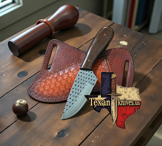 Custom Sheath Knife – 3.75" Rasp Steel Blade with Brown Micarta Handle