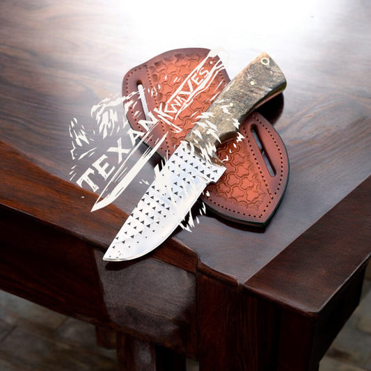 COWBOY Ranch Knife – 8" Handmade Sheep Horn Handle with Rasp Tool Steel Blade & Western Leather Sheath

