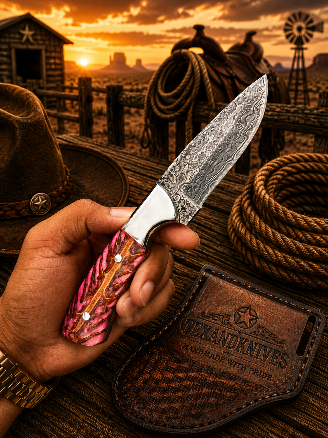 Handmade Damascus Cowboy Knife with Pine Cone Handle