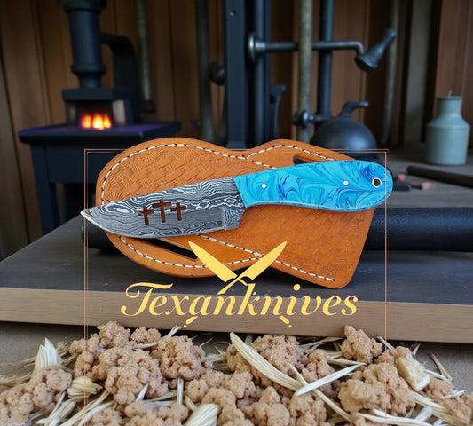 Custom Handmade Ranch Cowboy Knife with Damascus Wire Cut Blade, Epoxy Resin Handle & Steel Bolster – 8” Overall with Leather Sheath